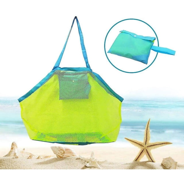 Bolsa de malla para juguetes de playa, red de almacenamiento para juguetes y toallas, para guardar la arena de los juguetes, 45 x 30 x 45 cm, malla verde y correas azules