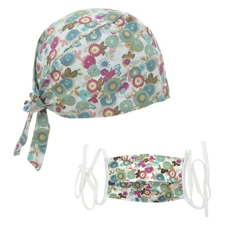 Opromo Scrub Cap Hat with Sweatband for Ponytail and Free Reusable Cotton Mask-Light Green Floral