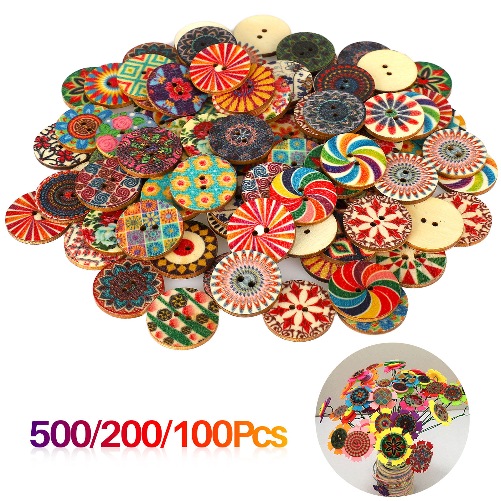 100Pcs Mixed Color Flower Print Wooden Buttons for Sewing Fasteners Scrap Booking and DIY with Love Buttons for Crafting Sewing Decoration