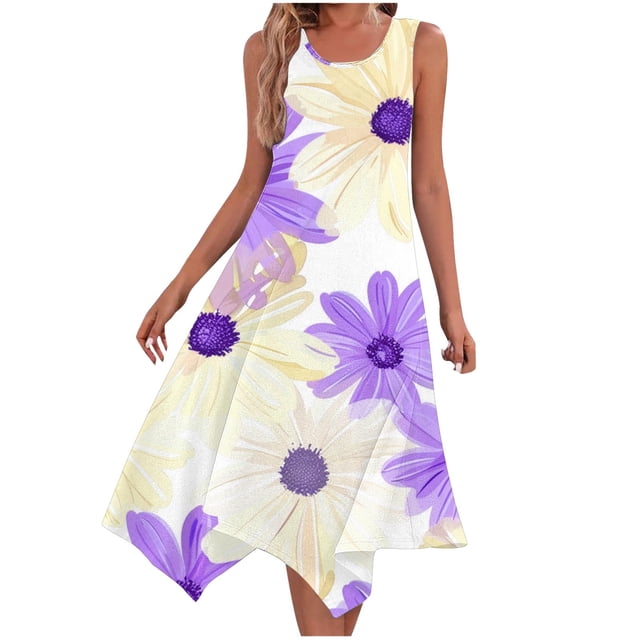 Ladies Summer Tops Impreso sin Mangas Cuello Redondo Vestido Casual para Uso Diario Y Casual