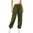 thumbnail image 5 of Dwellite Womens Sweatpants Petite Fleece Lounge Elastic Waisted Pants Tapered Lightweight Trousers with Pockets for Fall Winter Army Green 2XL, 5 of 9