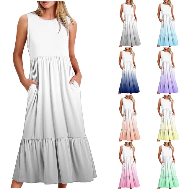 2024 Longues Robes Maxi à Bretelles Spaghetti pour Femmes Été, Robes Maxi Sans Manches à Dégradé pour Femmes Grande Taille, Robes d'Été Décontractées à Col Rond pour la Plage, Robe Maxi Fluide à Étages pour Femmes