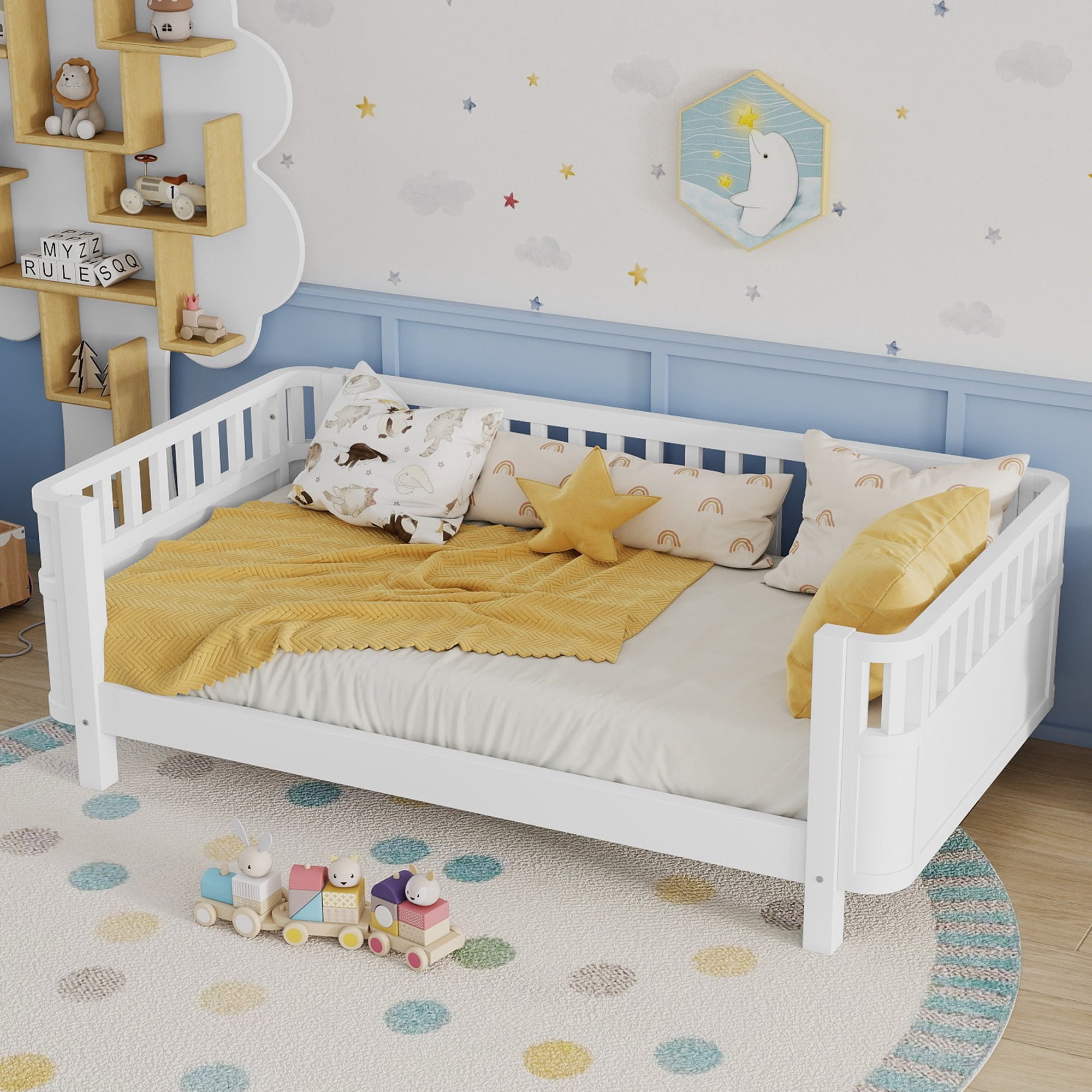 Mirightone Twin Size Montessori Bed with Guardrails and Removable Side Rails, Low to Ground Wood Bed Frame