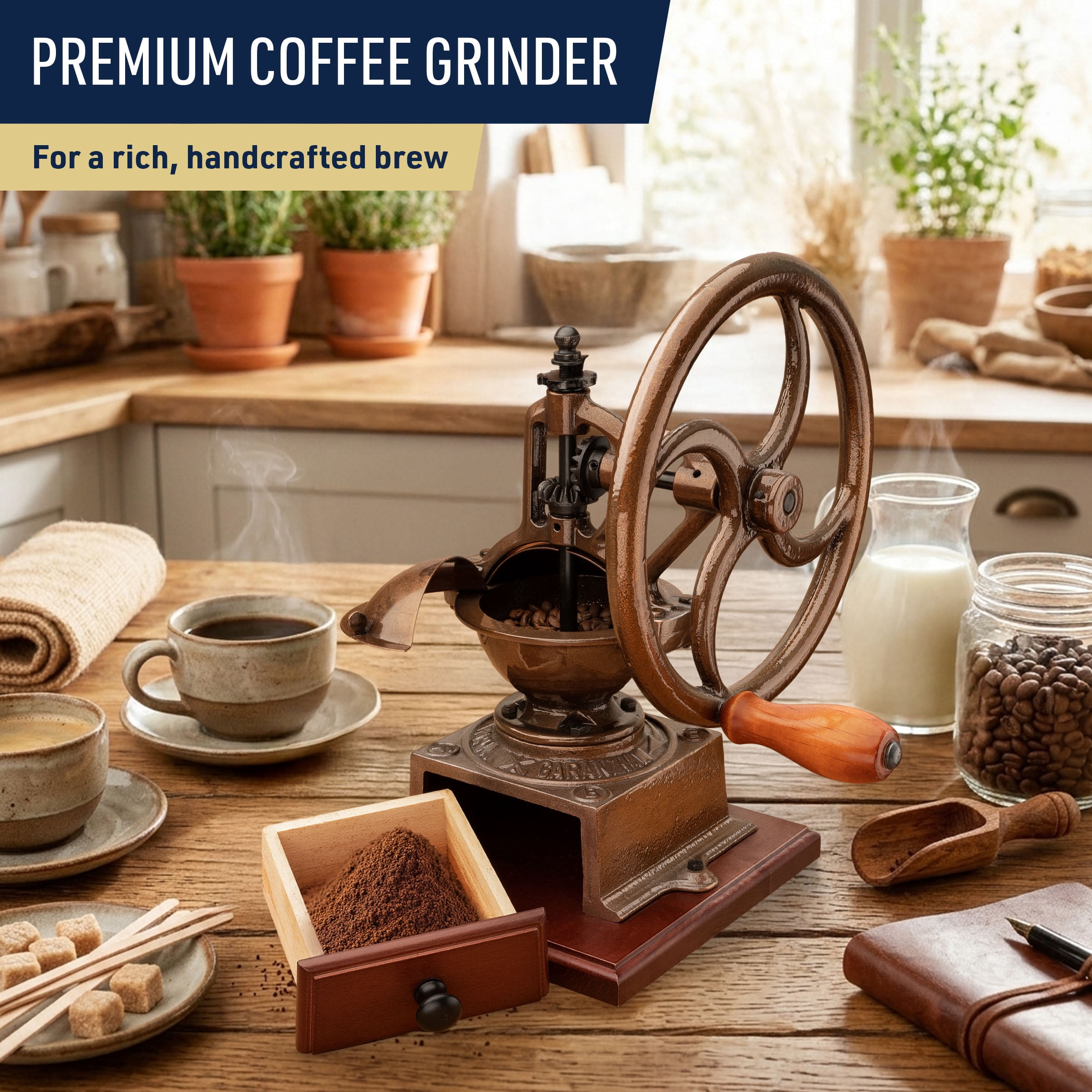 Classic Cuisine Manual Coffee Grinder - Cast Iron Conical Burr Coffee Bean Grinder (Copper)