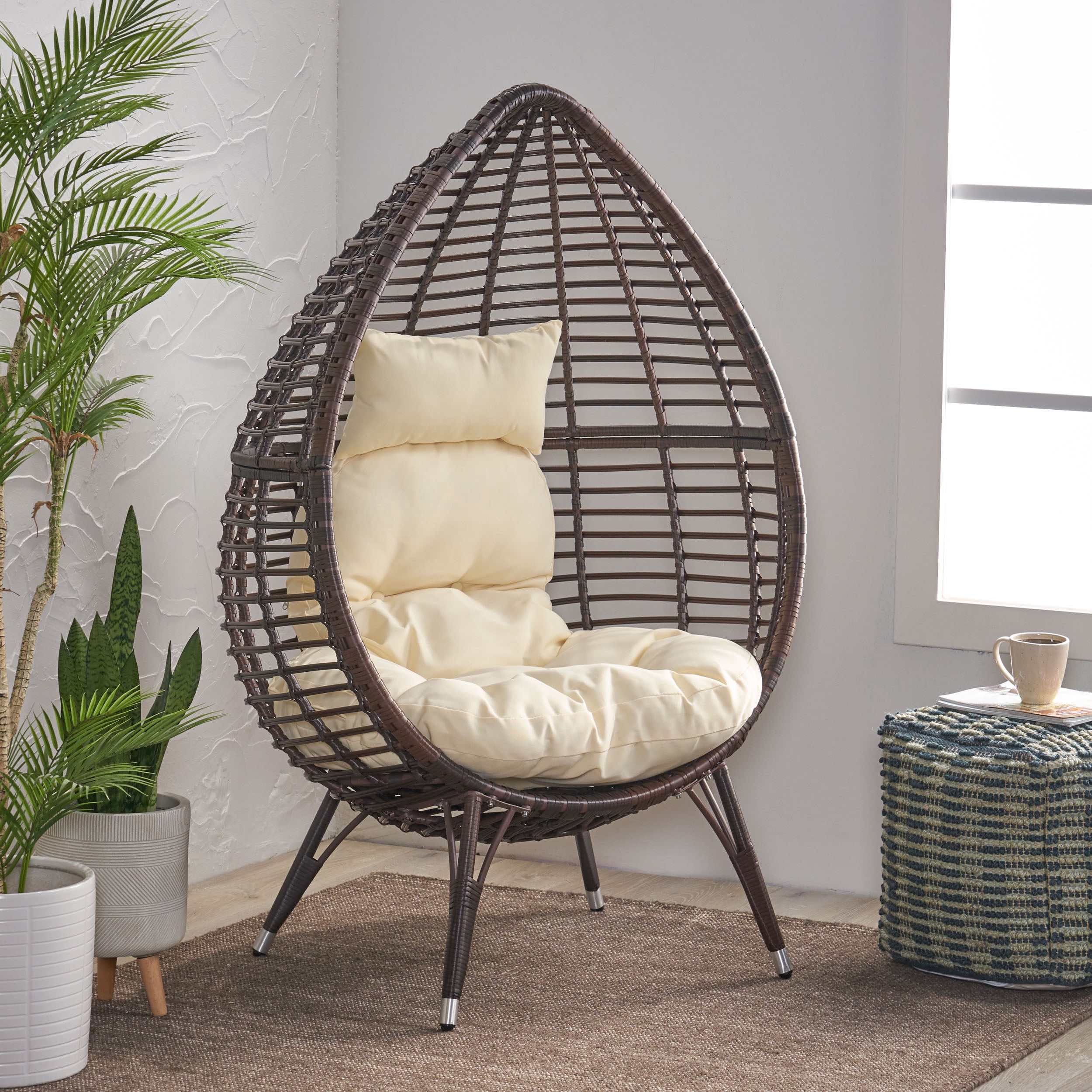Outdoor Woven Teardrop Shape Leisure Chair, Unique Design Single Seat for Patio Garden, Multi Brown and Beige