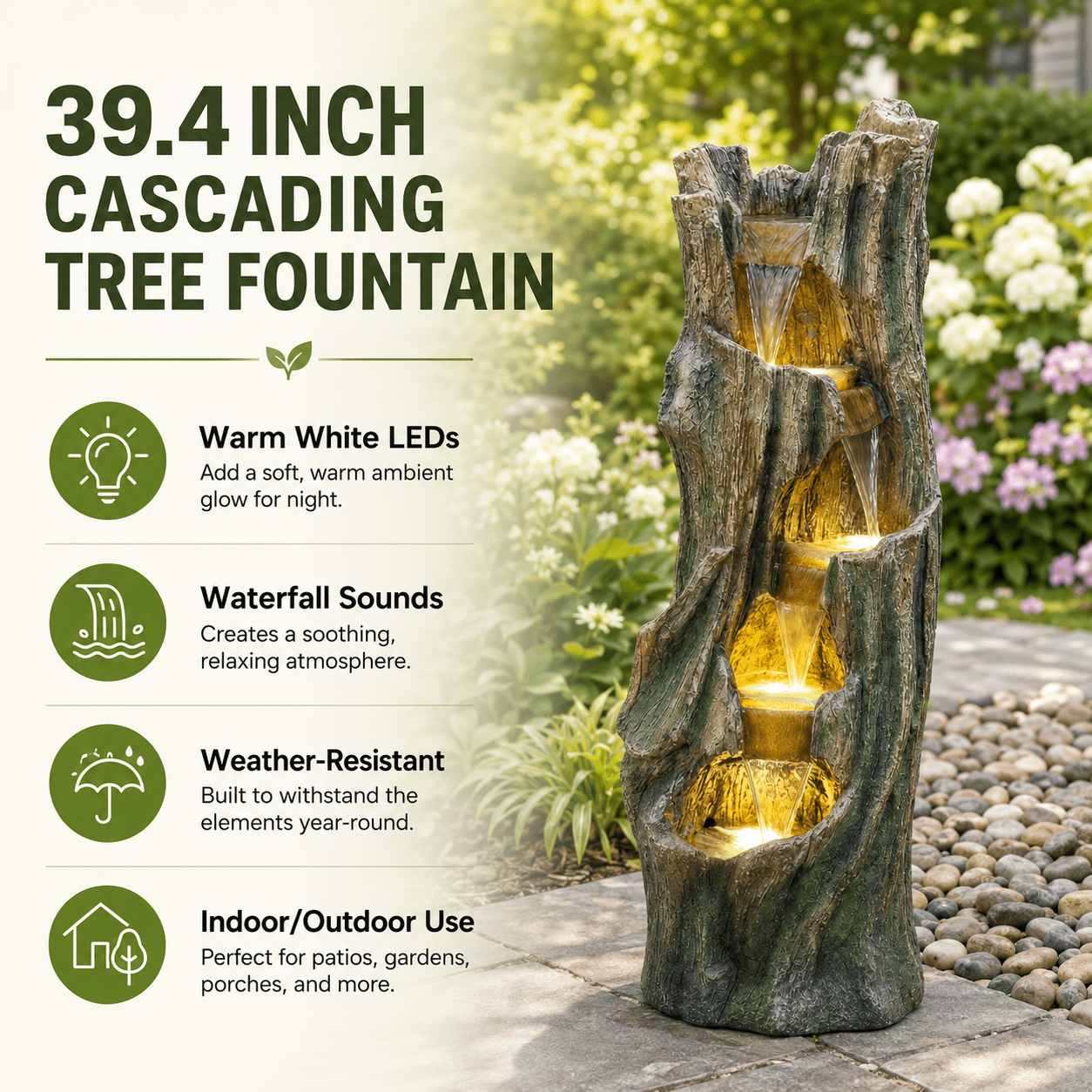 Aukfa Tree Design Outdoor Water Fountain with LED Lights, Tall Resin Waterfall Feature for Patio Garden Backyard,Gray