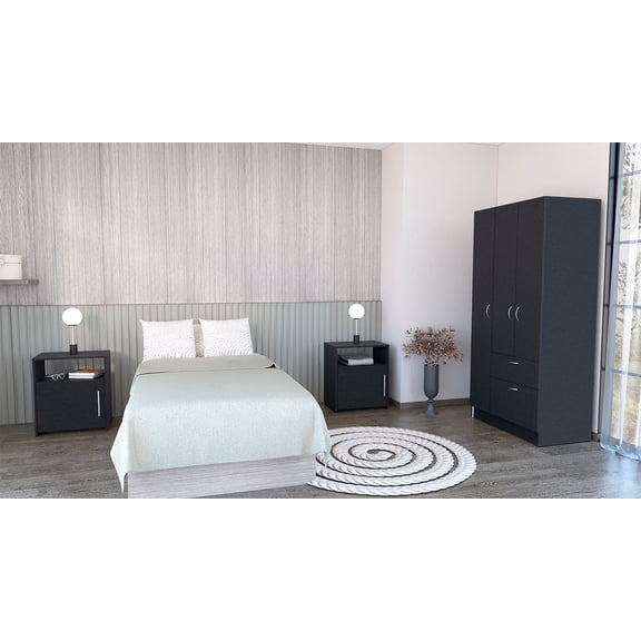 Newboti Furniture 3 Piece Bedroom Set, Cartagena Armoire   2 Omaha Nightstands, Black 0024