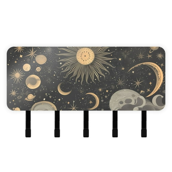 Sun and Moon Stars Waves Mail Holder Organizer Wall Mount with Shelf Key Holder Key Rack with 5 Key Hooks for Wall Decorative