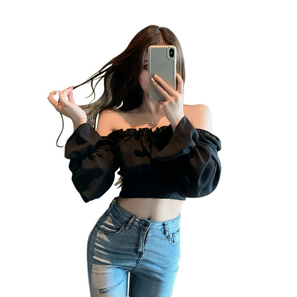 Camisa de mujer Blusa de manga larga con hombros descubiertos Top corto con vendaje sin espalda Negro Speravity AP001261 01B Bodega Aurrera en linea