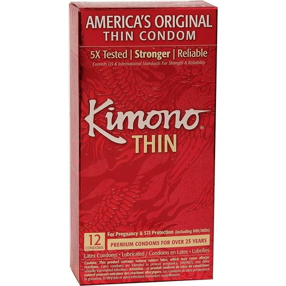 Kimono Thin Condoms, Snug Fit for Performance-Enhancing Feeling, Natural Latex Condoms, Vegan-Friendly, No Latex Odor - Enhanced Sensitivity - Pack of 12