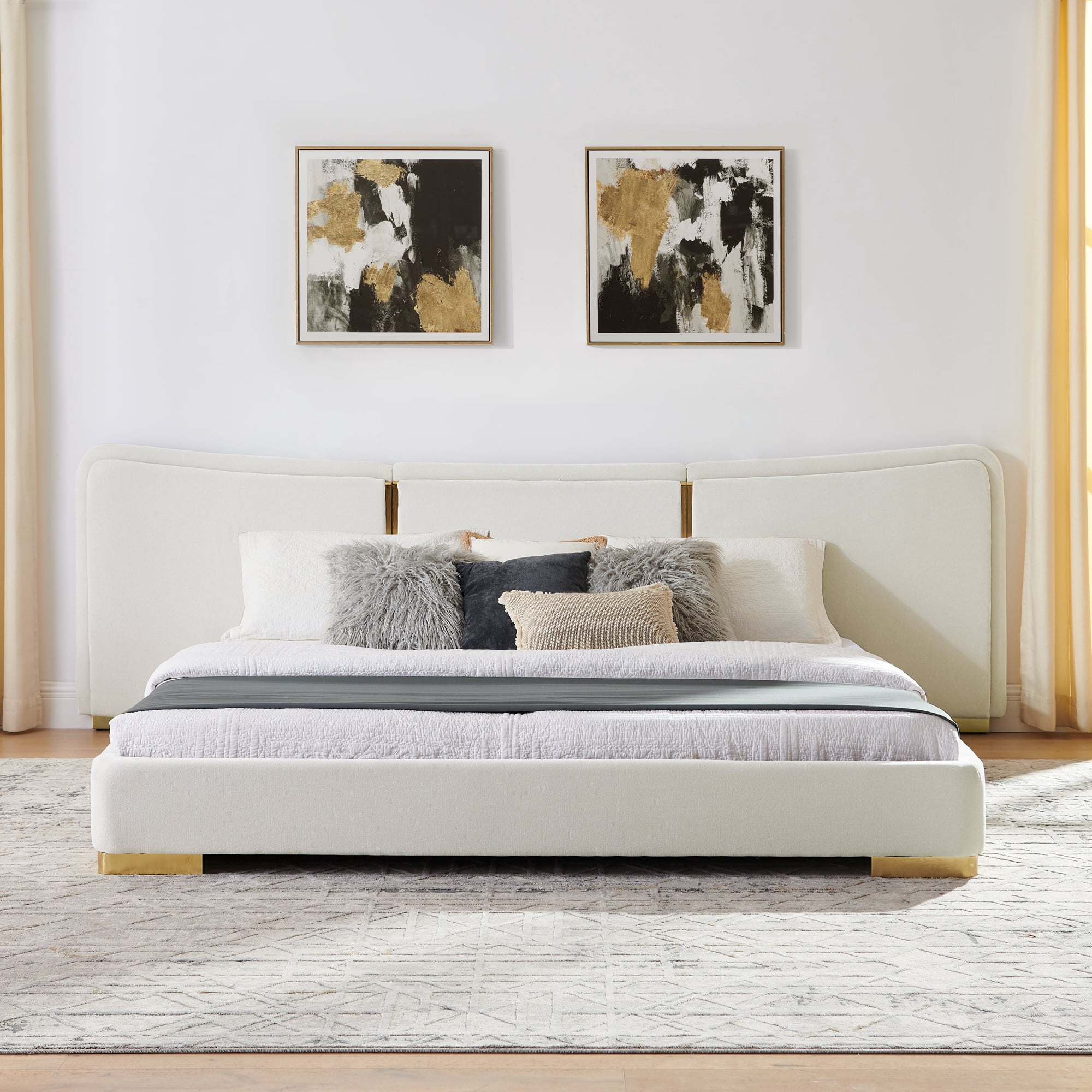 King Size Platform Bed with Extra Large Curved Headboard in Beige