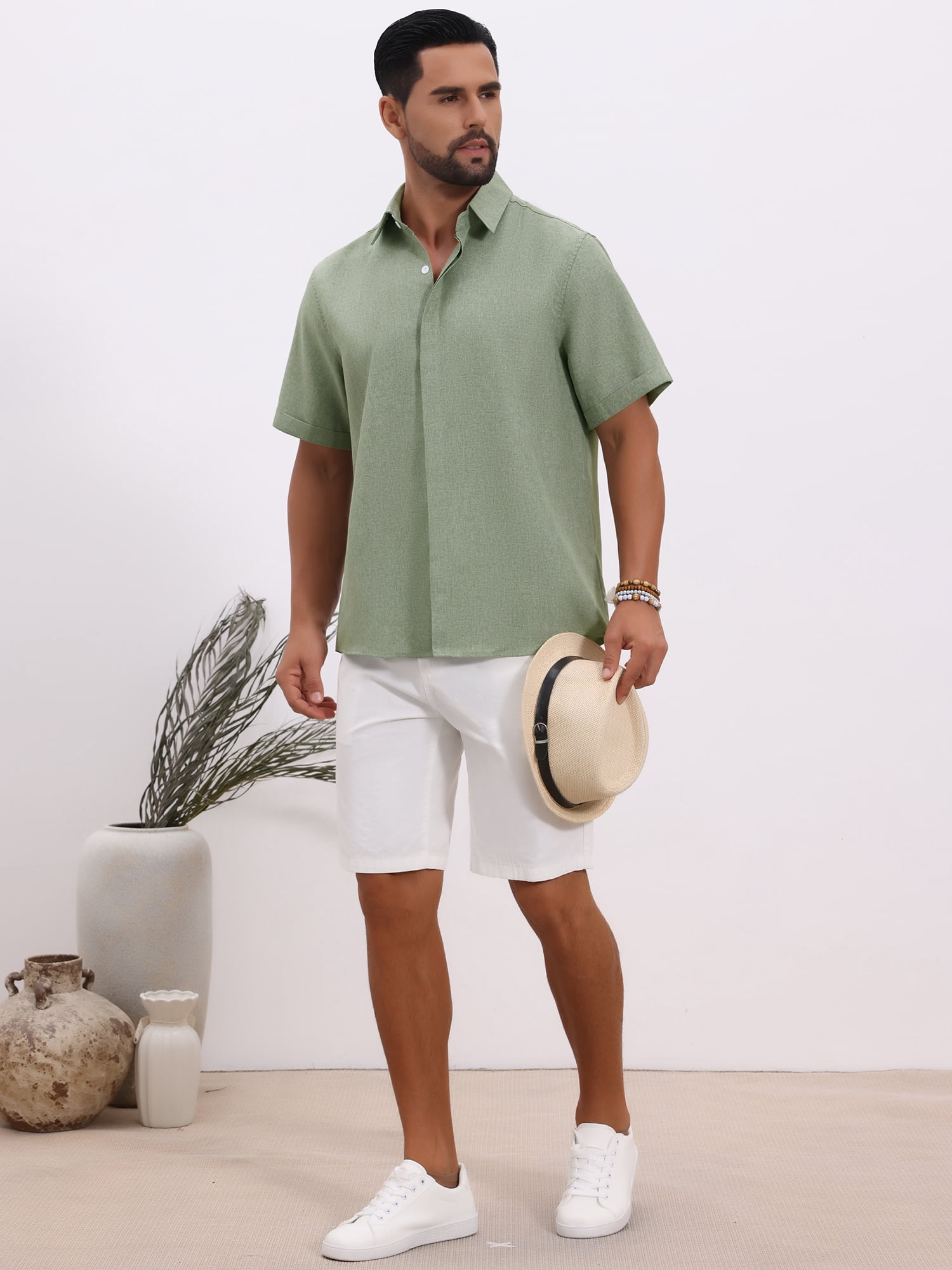 DARING DIVA Men's Solid Summer Short Sleeve Button Down Linen Shirts M Light Green