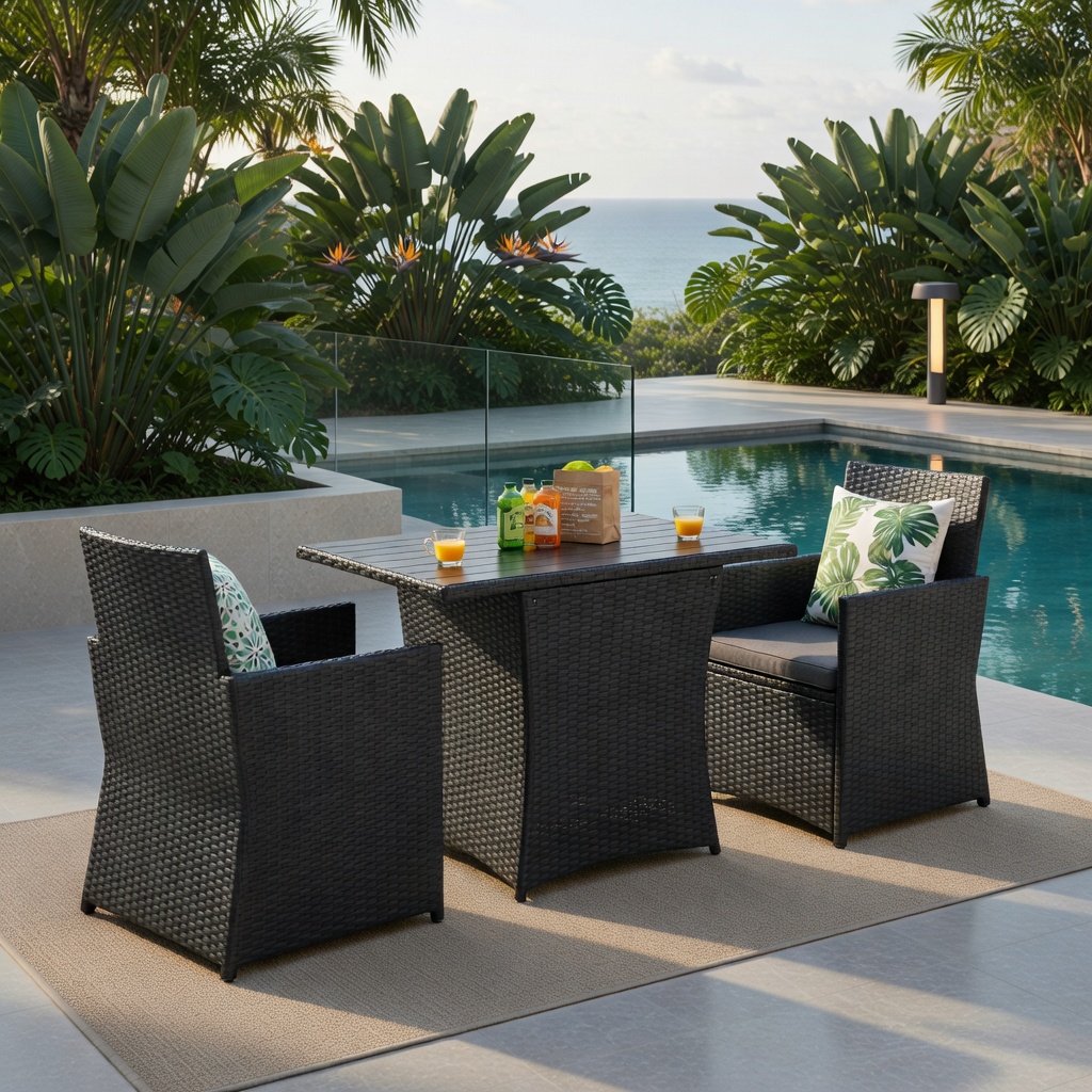 Hommoo 3-Piece Weather-Resistant PE Rattan Patio Furniture Set, Steel Frame, Tempered Glass Table & Ergonomic Armchairs with Removable Cushions, Gray