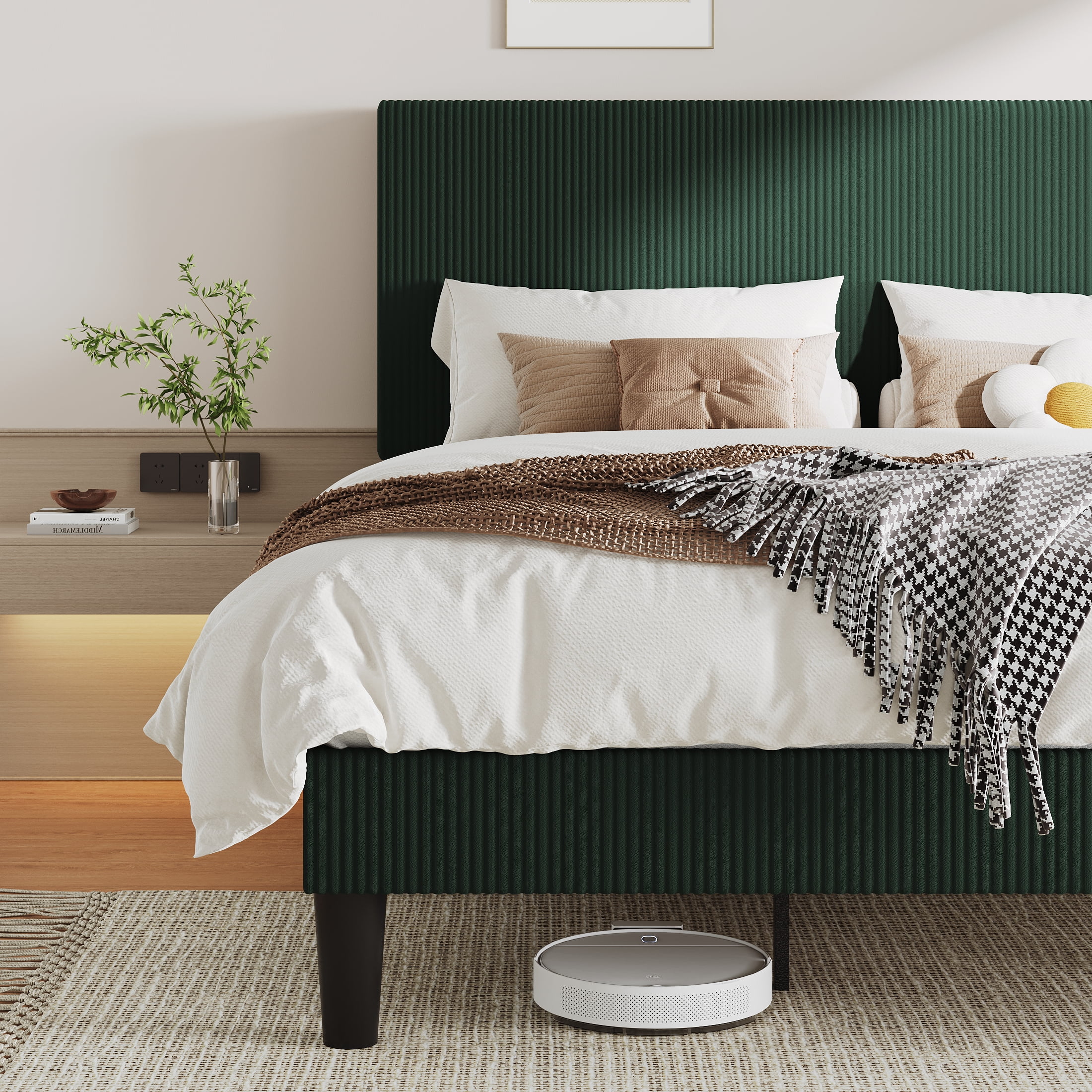 Allewie King Size Upholstered Bed Frame with Vertical Channel Tufted Headboard, Soft Corduroy Fabric Platform Bed, Green