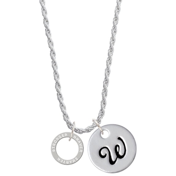Delight Jewelry Silvertone Stronger Braver Smarter Infinity Ring Silvertone Script Initial Disc - W - Charm Necklace, 20"+3"