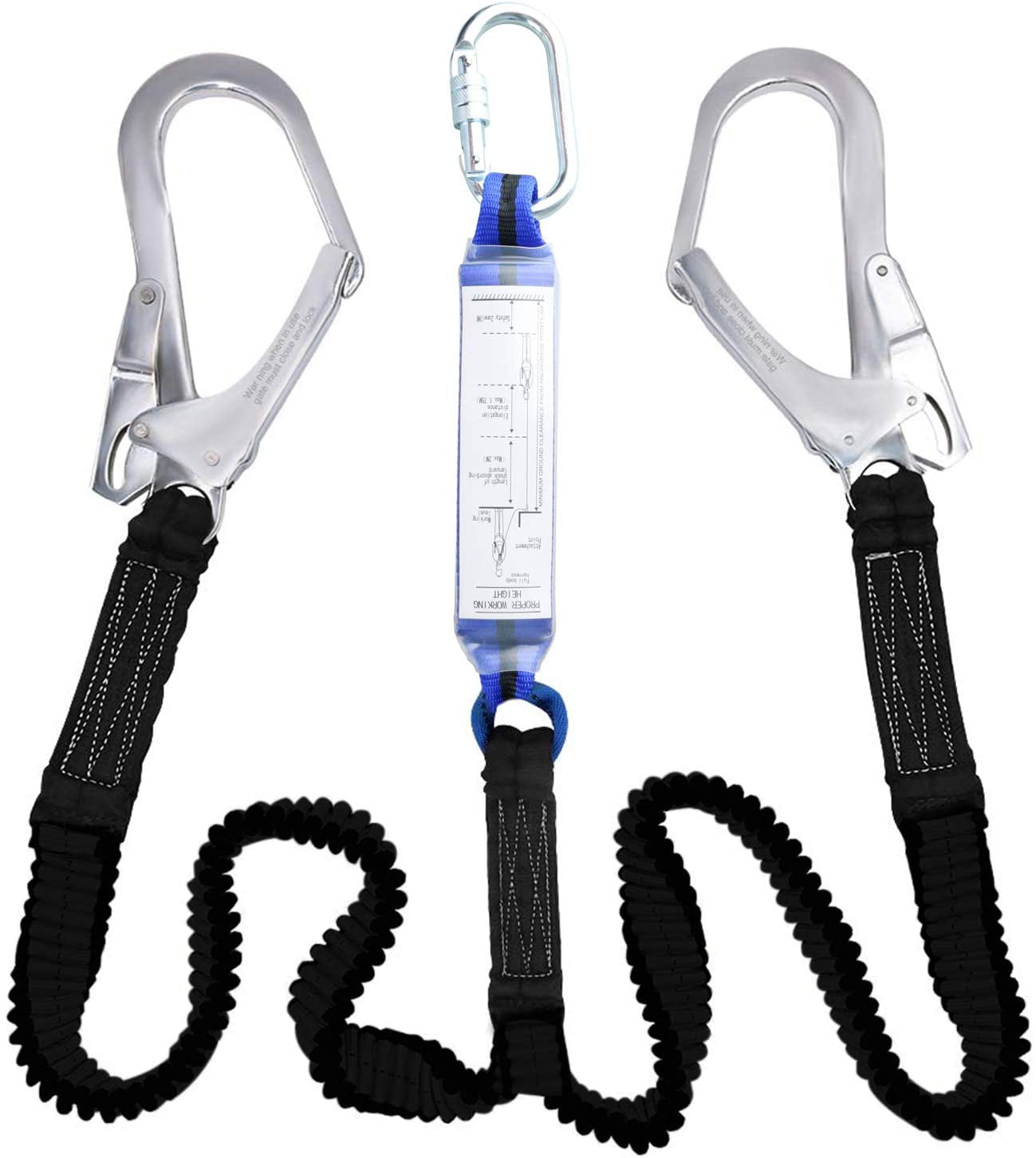 Double Leg Shock Absorbing Fall Arrest System for Climbing and Construction Safety Harness Y-Shaped Retractable Fall Protection Safety Harness Lanyard with 2 Hooks and 1 Steel Snap Hook 