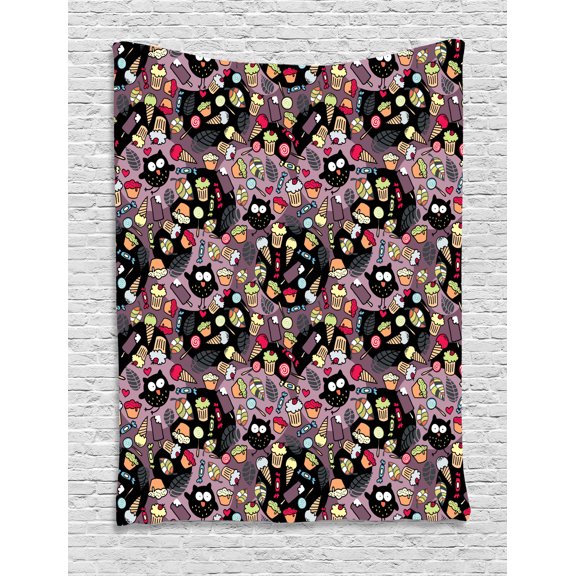 Owls Tapestry, Crazy Owls and Tasty Delicious Sweets Cupcakes Ice Cream Candy and Abstract Leaves, Wall Hanging for Bedroom Living Room Dorm Decor, 60W X 80L Inches, Multicolor, by Ambesonne