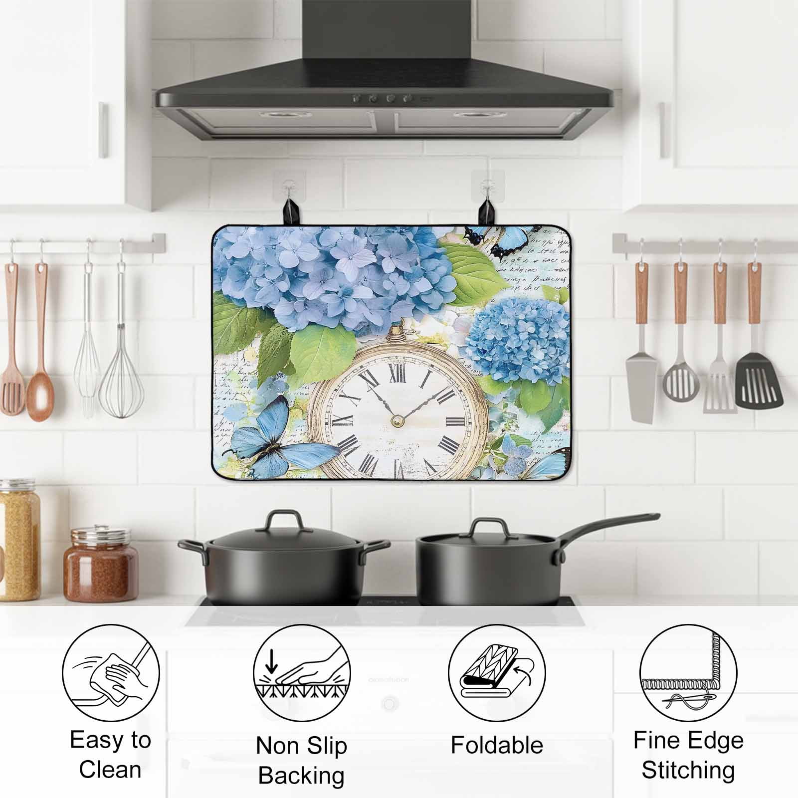 Blue Hydrangea Retro Stove Top Cover for Electric Stove, Heat-proof & Non Slip Glass Top Stove Cover Protector, Spring Summer Clock Butterfly Kitchen Flat Cooktop Rubber Mat 24x21 Inches
