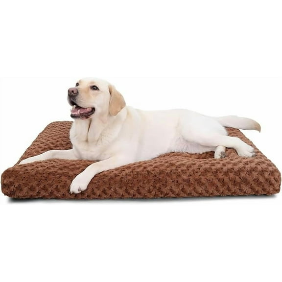 Washable Dog Bed Deluxe Plush Dog Crate Beds Comfy Kennel Pad Anti-Slip Pet Sleeping Mat for Large, Jumbo, Medium, Small Dogs Breeds, 35" x 23", Brown