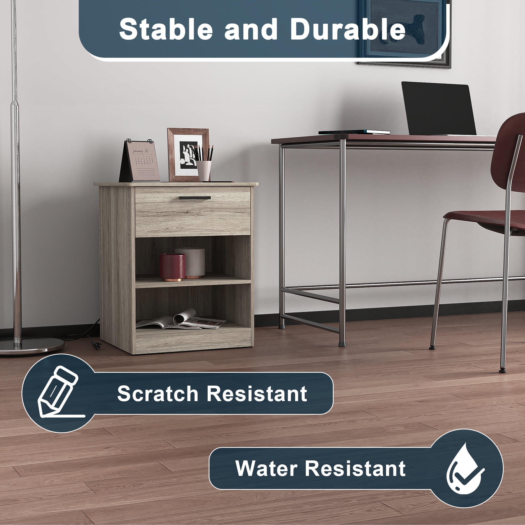 Demi Bonn 18.9" Side Table with Fast Charging Station USB C Cable Fast Charging, Wood End Table Nightstand with Drawer and Shelf for Living Room, Gray