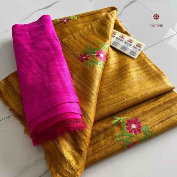 Mustard Yellow Tussar Ghicha Silk Embroidery Saree
