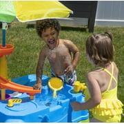 Step2 Waterpark Wonders Two-Tier Blue Plastic Outdoor Toy and Water Table for Toddler with Umbrella