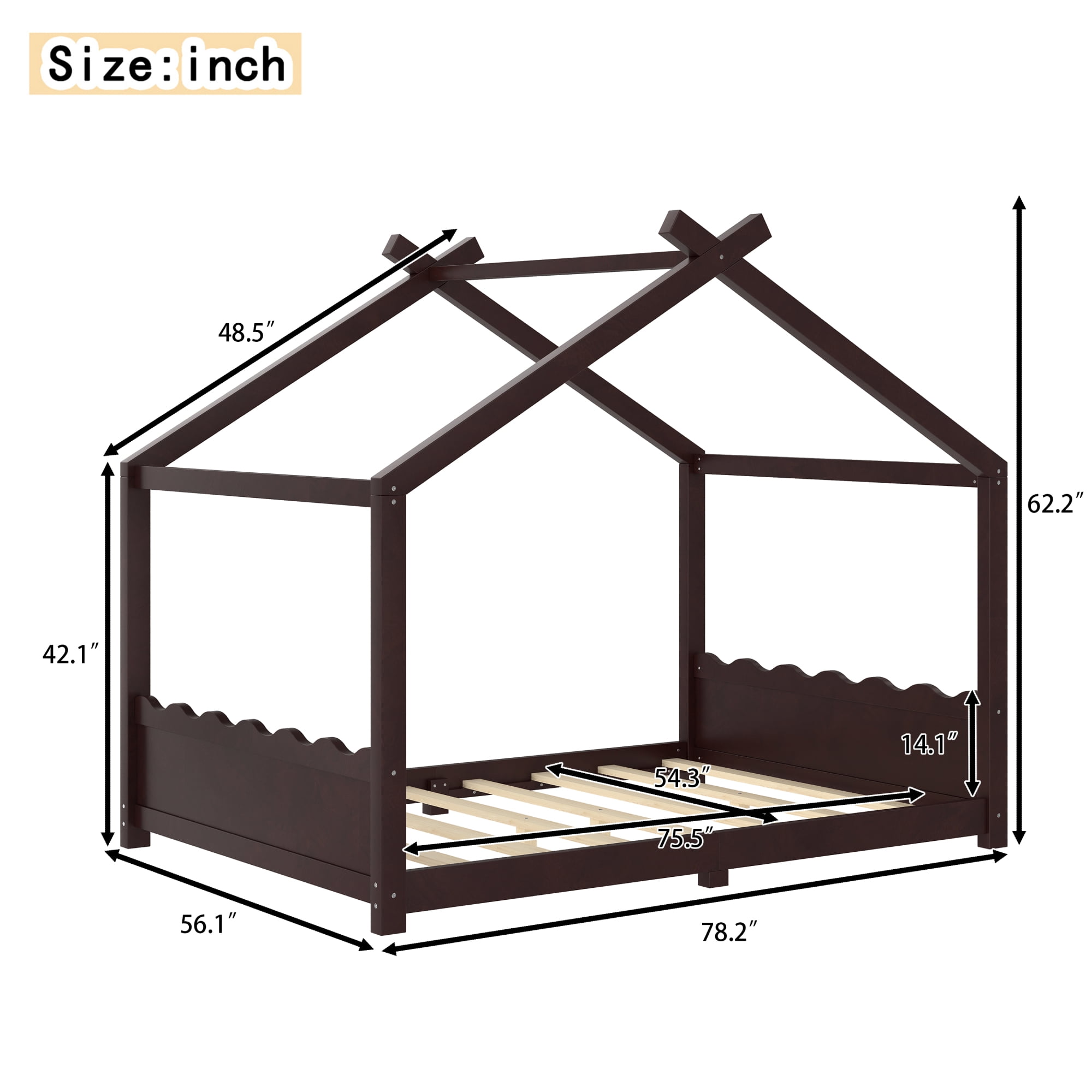Leumius Full Size House Shape Bed,Montessori House Bed Solid Wood Floor Bed for Kids,No Box Spring Needed,Espresso