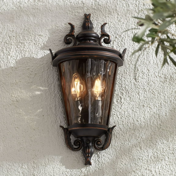 John Timberland Casa Marseille Rustic Outdoor Wall Light Fixture Veranda Bronze Scroll 17" Champagne Hammered Glass for Post Exterior Barn Deck House