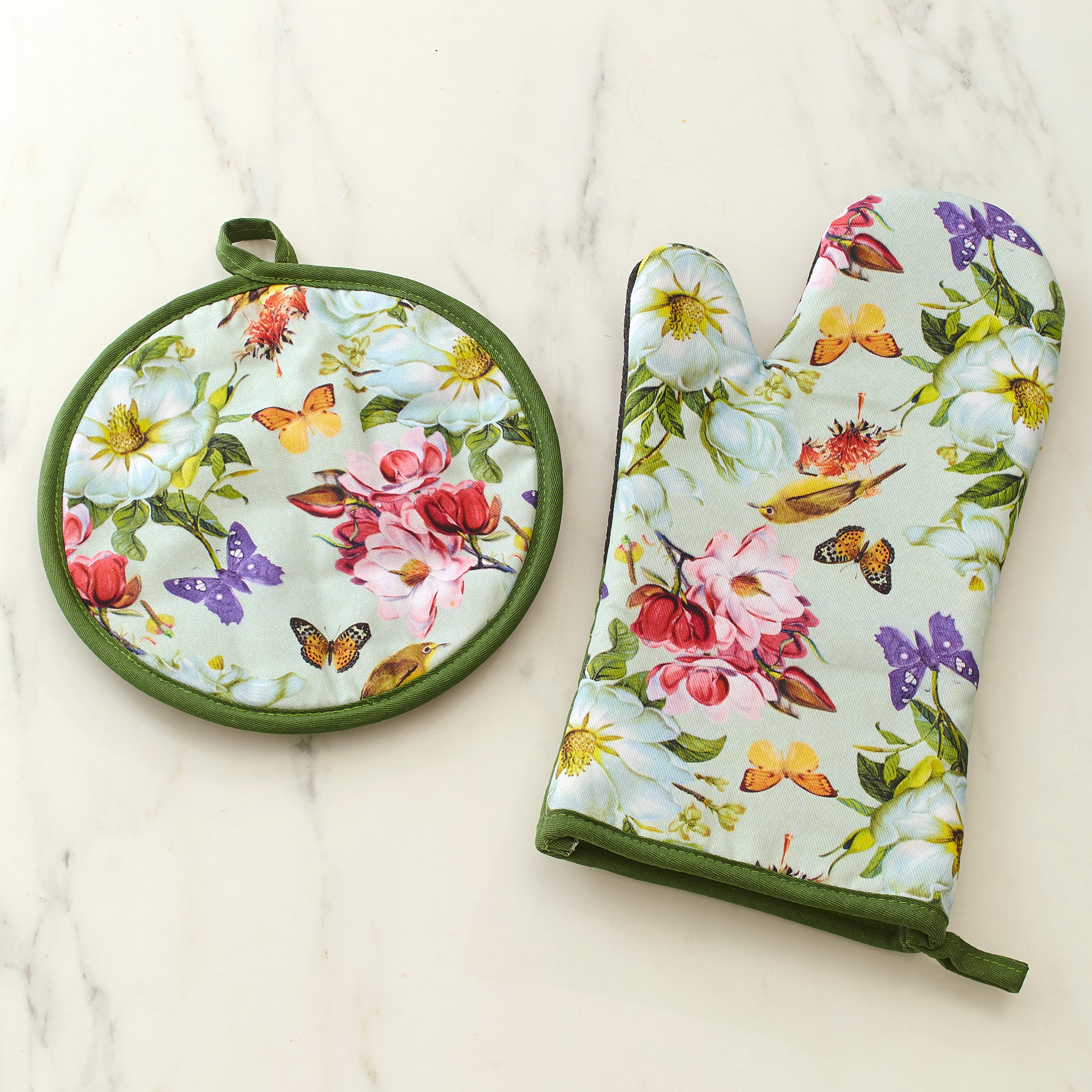 Set of 2 Floral Mini Oven Mitts with Vintage-Style Watercolor Print Sage 