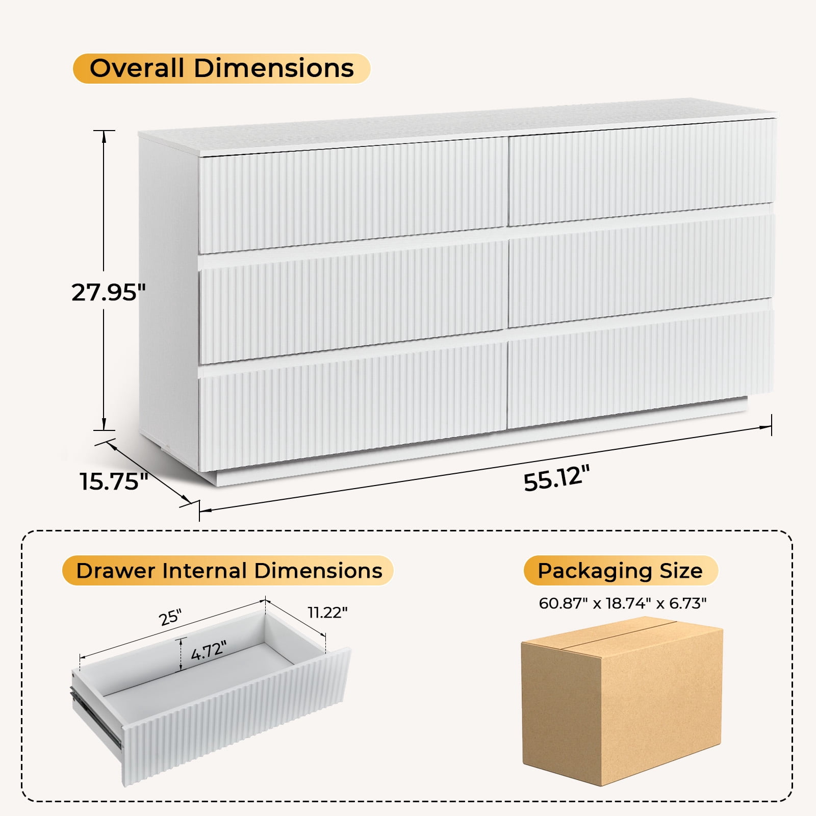 Handleless 6-Drawer Cabinet with Grille Finish P2 Particleboard + MDF & Melamine Veneer + Vacuum-Formed Storage Cabinet 55.12*15.75*27.95in White