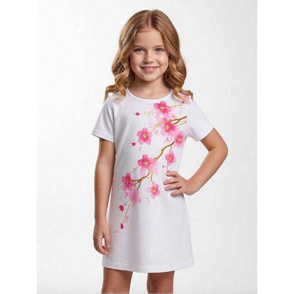 Kids All-Season Short Sleeve Dress Relaxed-Fit Crew Neck Casual Dresses for Girls Girls Age 5-13 Everyday Look