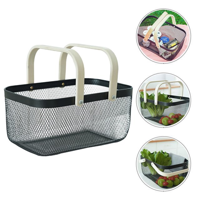 RUNROTOO 1Set Metal Storage Basket for Kitchen with Wooden Handle and Handheld Style
