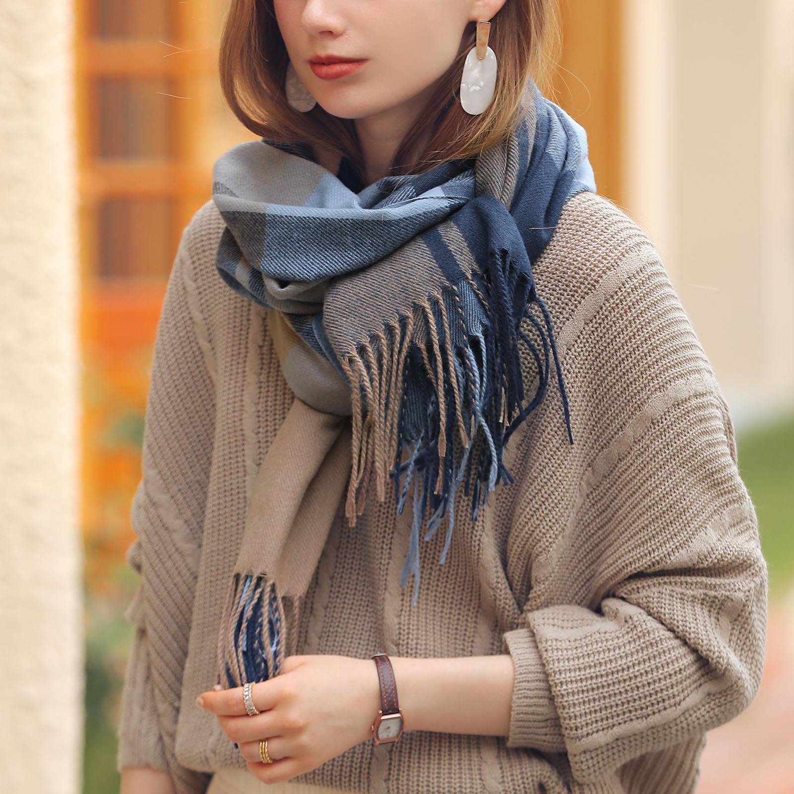 Solid Color Chunky Scarf On Fringe Elegant Coldproof Thick Warm Shawl  Classic Knit Neck Scarves For Women Girls Autumn & Winter