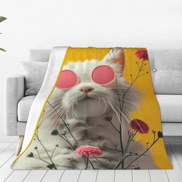 Fotbe Floral Sunglasses Cat Art Manta de Franela Acolchonada con Estampado, Súper Suave y Esponjosa, Extra Grande para Sofá, Cama, Uso Todo el Año-60"x50"