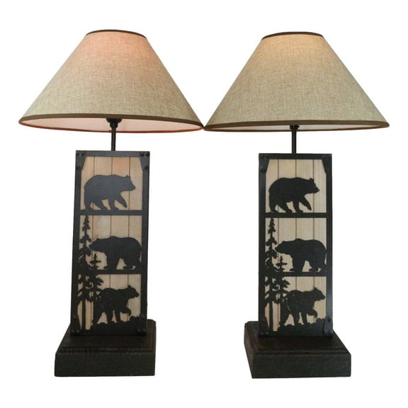 Set of 2 Rustic Western Black Bears In Forest Wood Metal Bedside Table Lamps