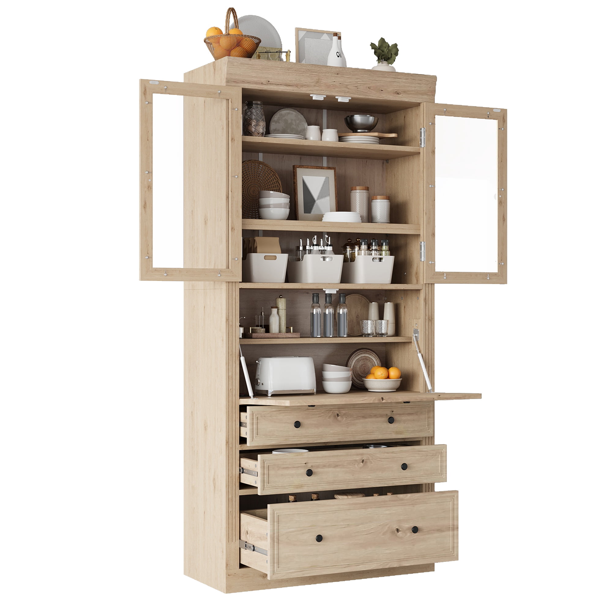 Euroco 36x16.5x78inch Freestanding Kitchen Pantry Storage Cabinet,Multifunctional Cupboard with 3 Drawers,Adjustable Shelves and Power Outlet for Dining,Living Room,Natural