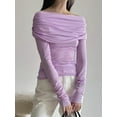 thumbnail image 3 of Women T-shirt Long Sleeve Off-shoulder Tops Pleated Solid Slim Fit Ladies Clubwear, 3 of 8
