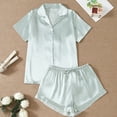 thumbnail image 7 of Maqroz Women Satin Pajamas Set Classic Silk Striped Loungewear Short Sleeve V Neck Button Down Top Drawstring Elastic Waist Stretch Shorts Breathable Lightweight Elegant Homewear, 7 of 7