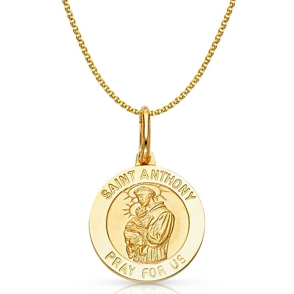 Ioka-14K Yellow Gold St. Anthony Pray For Us Charm Pendant with 1.2mm Flat Open Wheat Chain Necklace - 20"