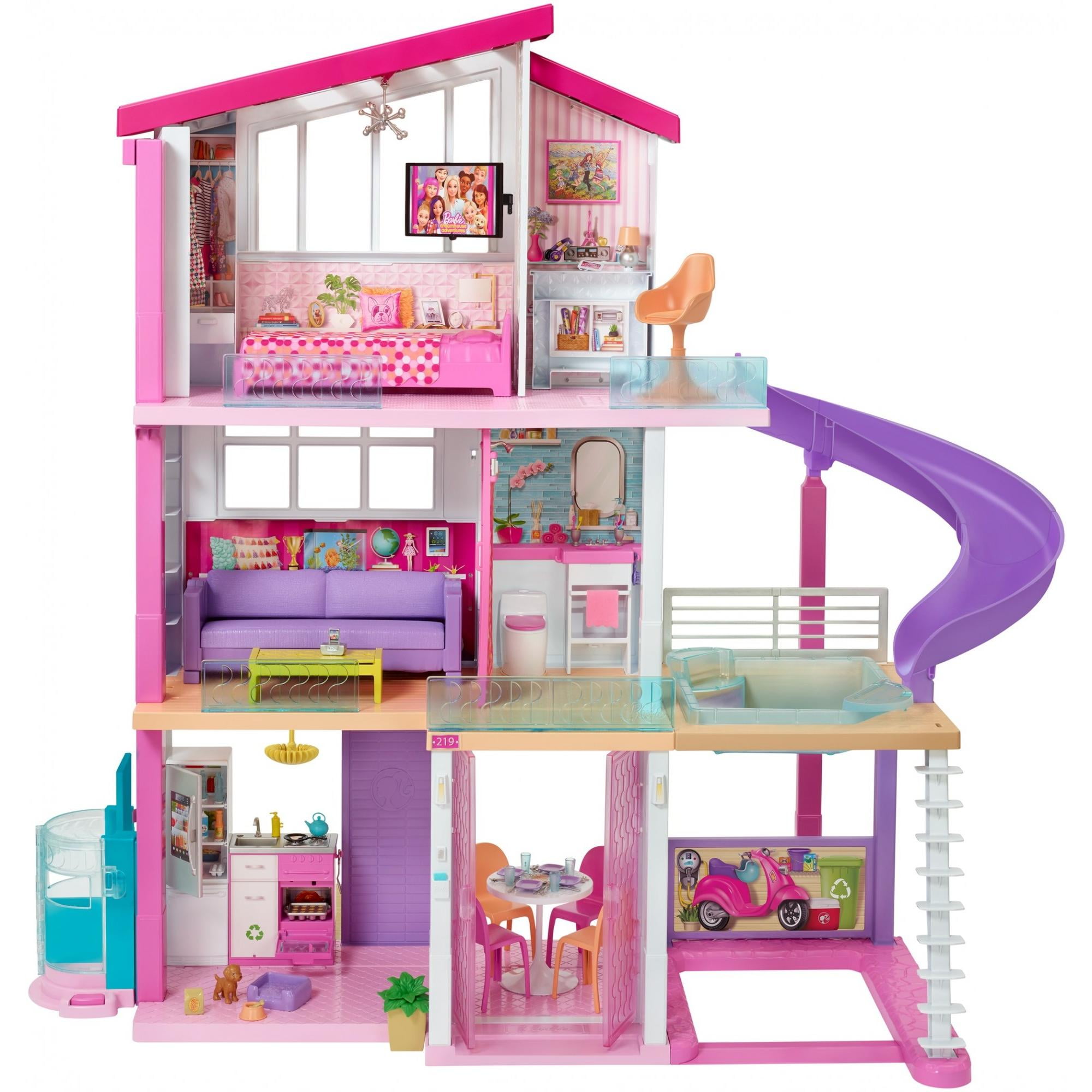 Barbie Dreamhouse 46.5 inch Dollhouse with Elevator, Pool, Slide and 70 Accessories Including Furniture and Household Items, Gift for 3 to 7 Year Olds, assembly required