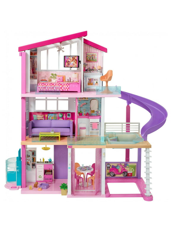 Barbie Dreamhouse 46.5 inch Dollhouse with Elevator, Pool, Slide and 70 Accessories Including Furniture and Household Items, Gift for 3 to 7 Year Olds, assembly required