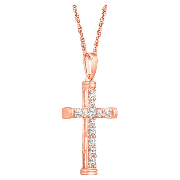 Araiya Fine Jewelry 10K Rose Gold Round Diamond Cross Pendant with Gold Plated Silver Rope Chain Necklace (1/3 cttw, I-J Color, I2-I3 Clarity), 18"