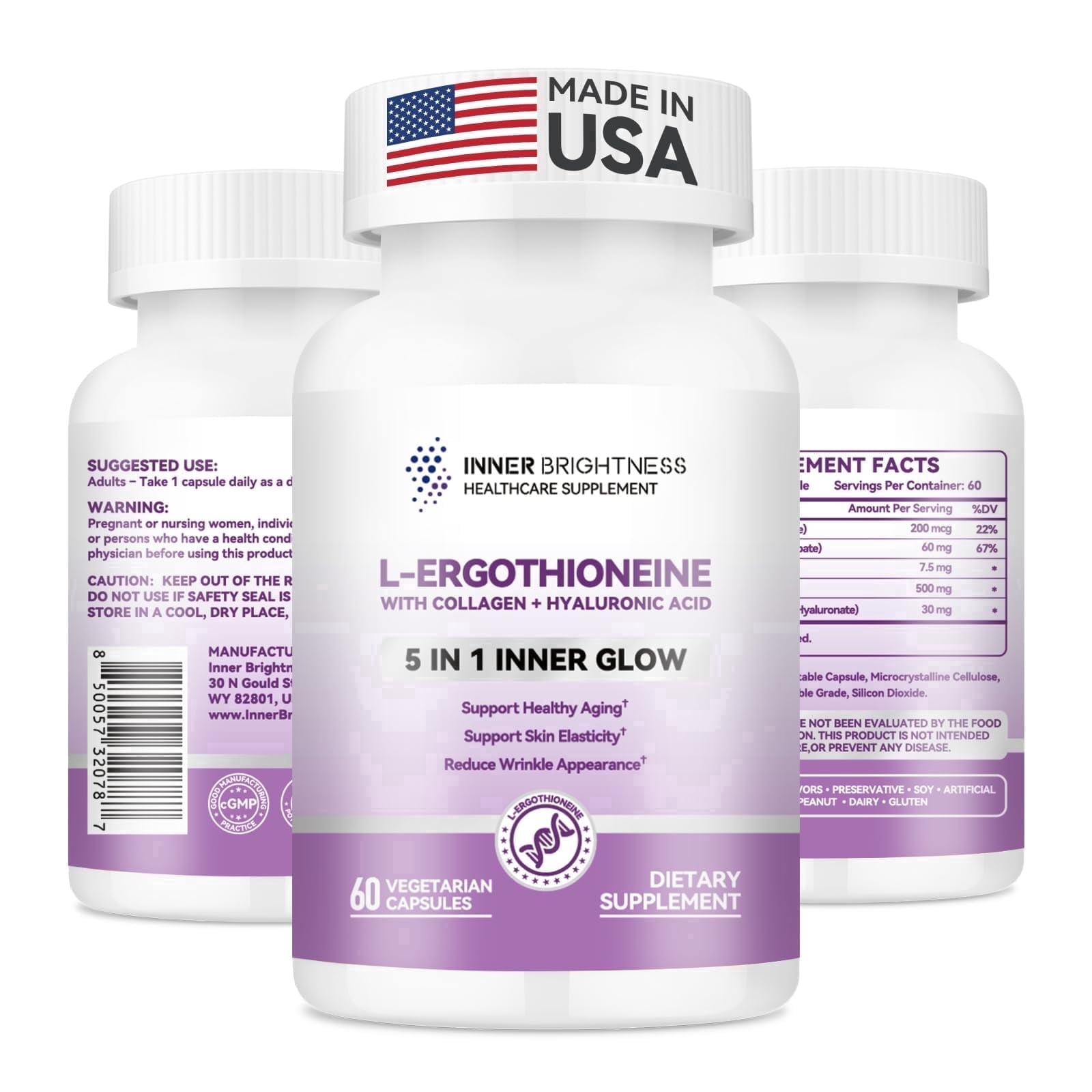 L-Ergothioneine Supplements with Hyaluronic Acid & Collagen for Women, Non-GMO, Gluten Free, Vegan, Promotes Longevity & Healthy Aging, 60 Capsules