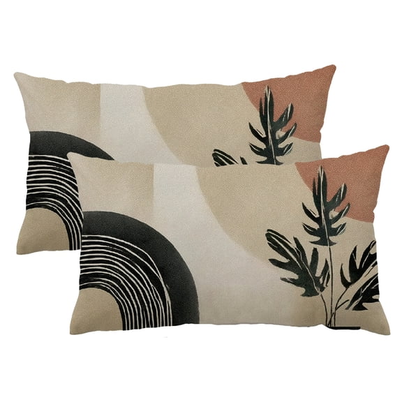 PHYHOO 12x20 Set of 2 Mid Century Black Beige Tropical Leaf Throw Pillow Covers Outdoor Decor Modern Abstract Line Decorative Pillowcase Farmhouse Lumbar Cushion Case For Home Sofa 12x20inch