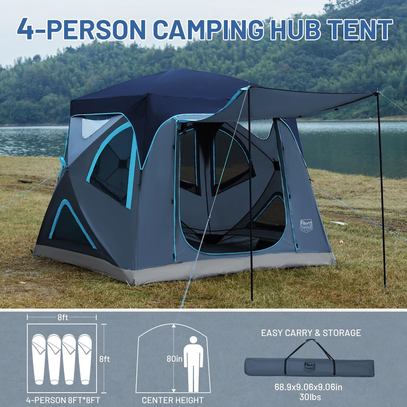TIMBER RIDGE Camping Tent, 4 Person Instant Pop Up Hub Tent with 8 Windows, Easy 60 Second Setup, Weather Resistant Family Cabin Tents with Rain Fly for Camping, Hiking, Outdoor Travel
