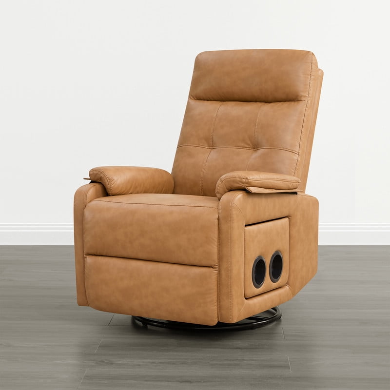 Spruce & Spring Manual Swivel Recliner Chair with Storage Pocket & Cup Holders for Living Room & Bedroom, Saddle Brown Faux Leather
