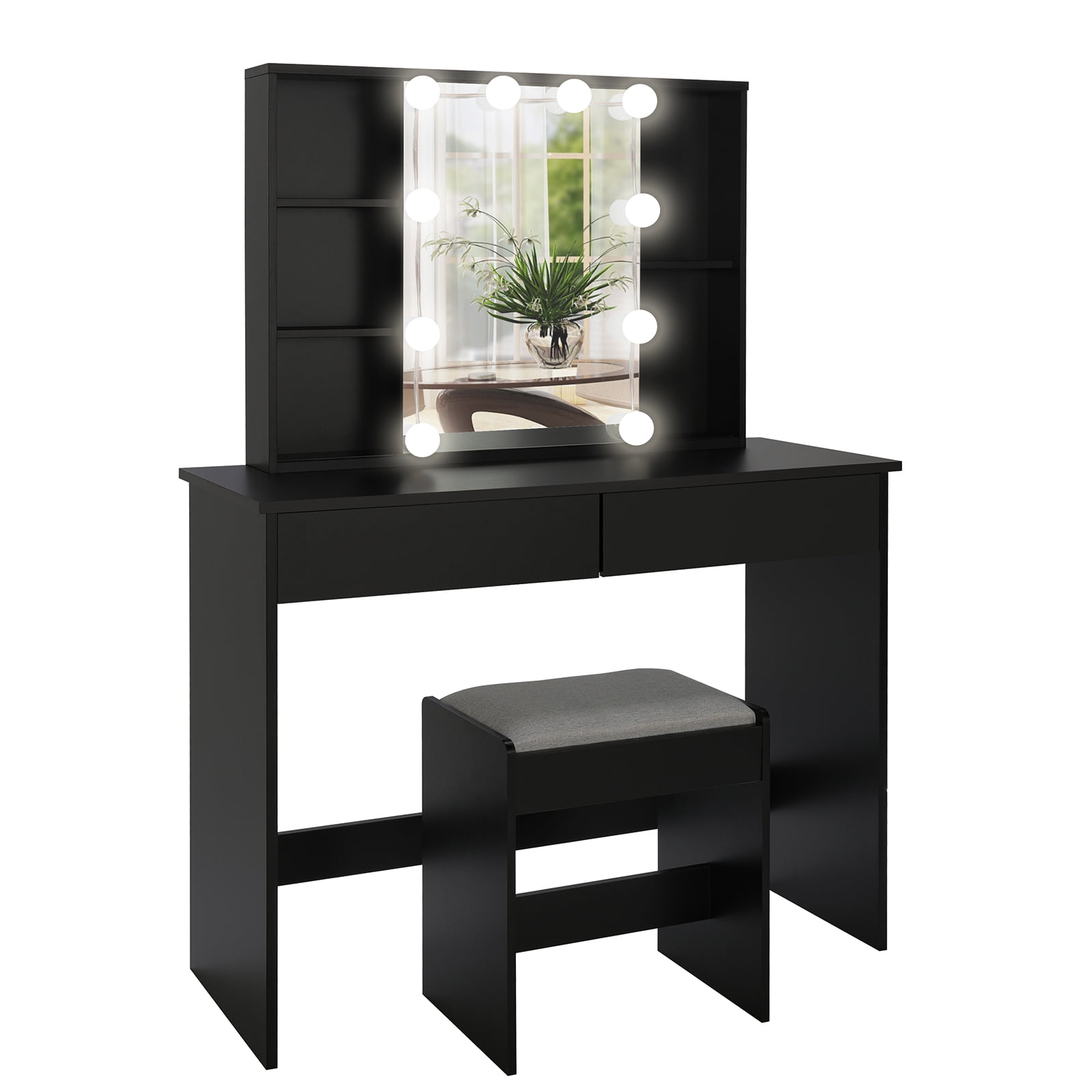 USIKEY Large Vanity Set with 1 Slide Rail Mirror &10 LED Lights, Makeup  Tables with 5 Shelves, 2 Large Drawers and 1 Cushioned Stool, Black  YSZT003HD