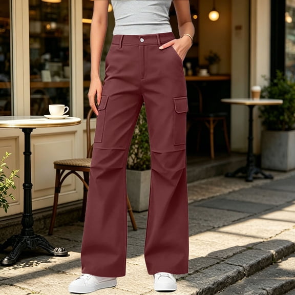 CQONEPT Womens Cargo Pants with Pockets Quick Dry Bootcut Hiking Pants Casual Baggy Lightweight Wide Leg Work Travel Trousers Wine S