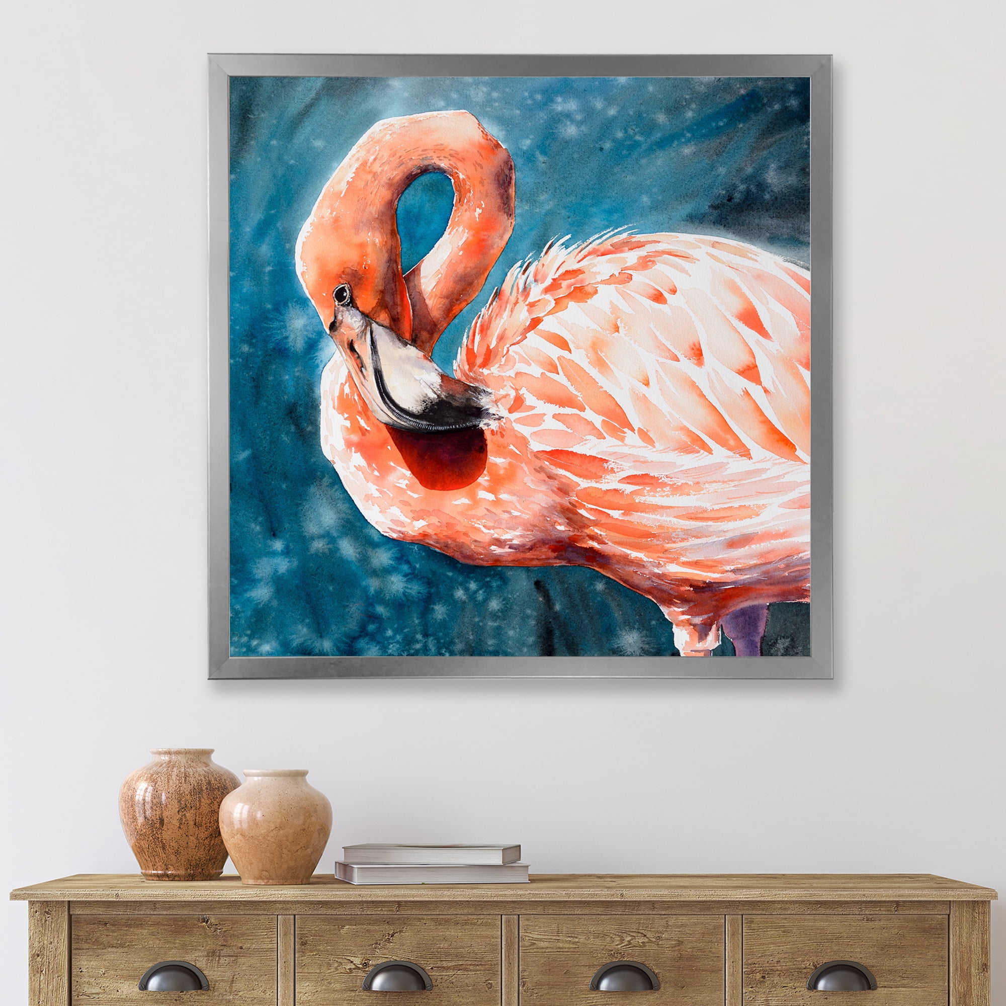 Designart 'Pink Flamingos Love Birds In Blue Water II' Farmhouse Framed Art Print