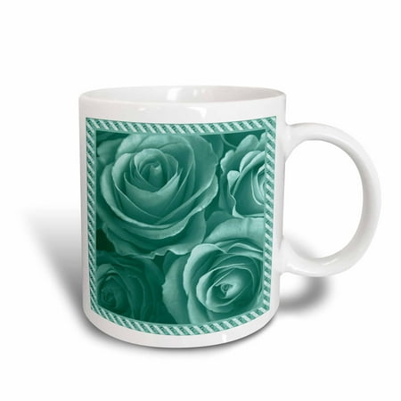 Green Stripe Halter - 3dRose Close up scene of dreamy muted teal green roses surrounded by a striped frame, Ceramic Mug, 15-ounce